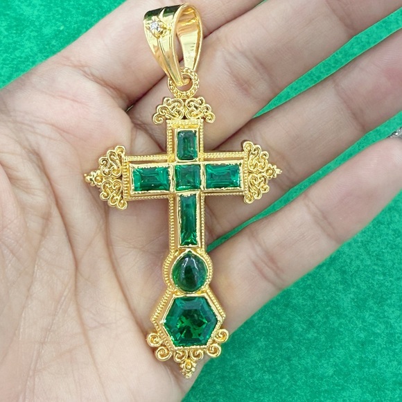 925 Sterling Silver Atocha cross emerald pendant gold plated